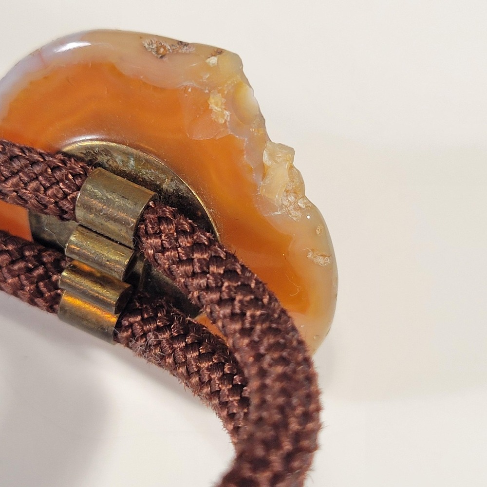 Brown Agate Slice Bolo Tie Mens Western Brass Tips Brown Cord Adjustable - Picture 6 of 8